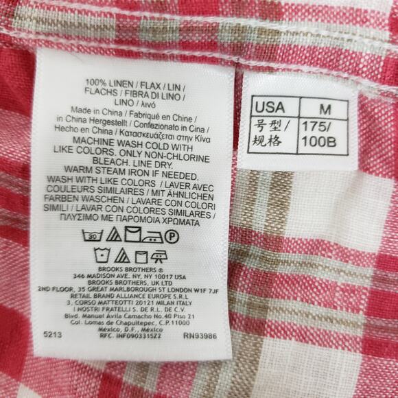 BROOKS BROTHERS 346 Linen Shirt Men M Double Pocket Military Epaulets Plaid Red - Picture 11 of 11